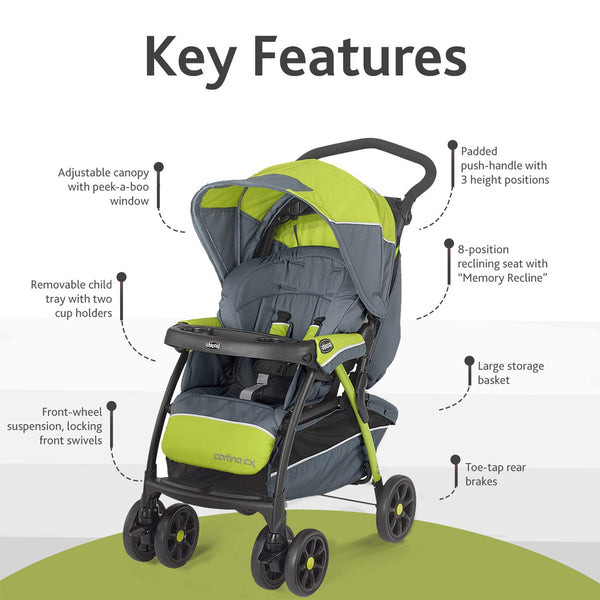 Chicco Cortina CX Baby Stroller with 8 Positions Reclining Seat Pram for 0 to 4Y (Upto 22 Kg) - Lima Green