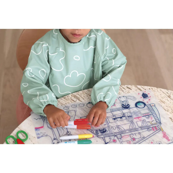 Beaba 2 in 1 Waterproof Bib with Detachable Sleeves, Foldable Food Catcher Pocket - Sage Green