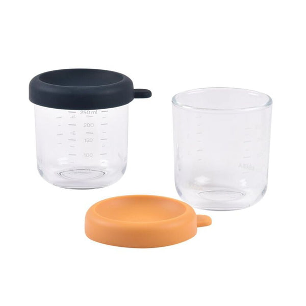 Beaba Glass Storage Container, Airtight Jar with Graduation Measuring Scale, 250ml, Set of 2 - Night Blue & Honey - Dezine Kids