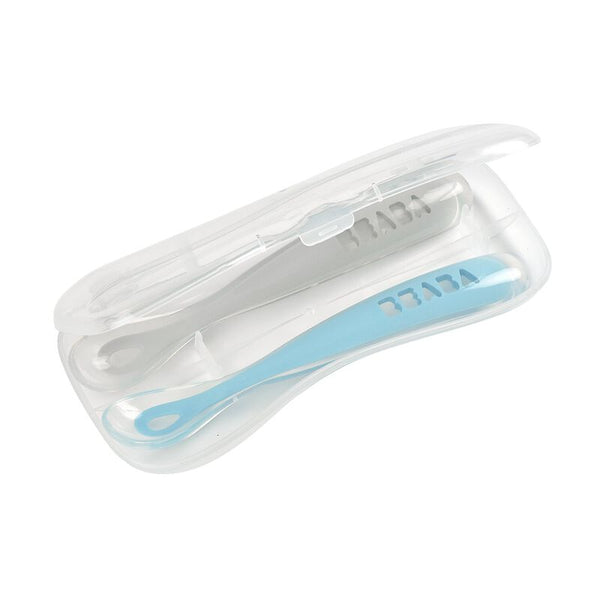Beaba Set of 2 Easy-Grip 1st Stage Silicone Spoons-Windy Blue/ Light Mist - Dezine Kids