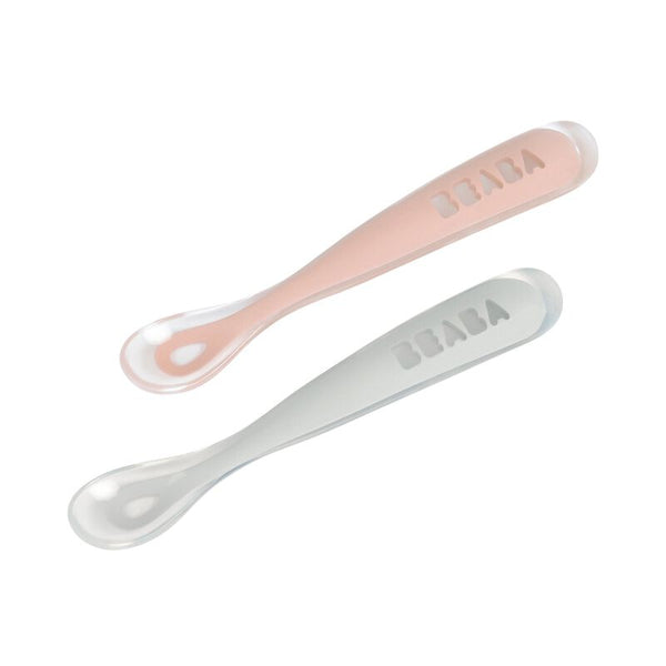 Beaba Set of 2 Easy-Grip 1st Stage Silicone Spoons - Vintage Pink/Light Mist - Dezine Kids