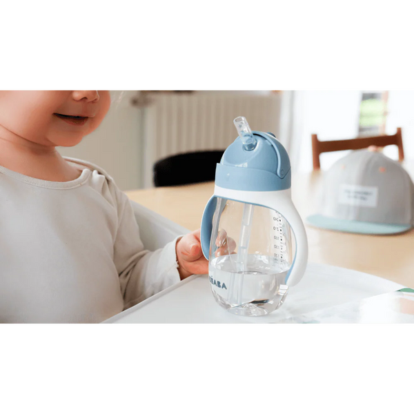 Beaba 2 in 1 Baby Sipper Water Bottle, Anti Spill Sippy Cup with Soft Silicone Straw for Toddler, Removable Handles, 300 ml - Windy Blue