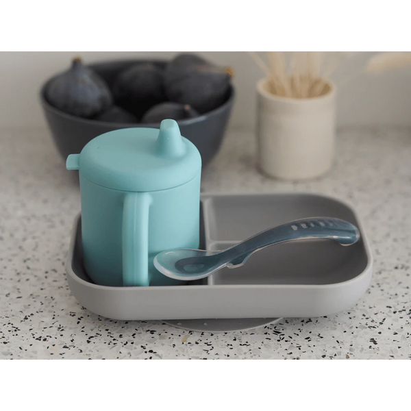 Beaba Silicone 3 Piece Learning Set, Non-Slip, Unbreakable, BPA-Free Baby Feeding - Blue