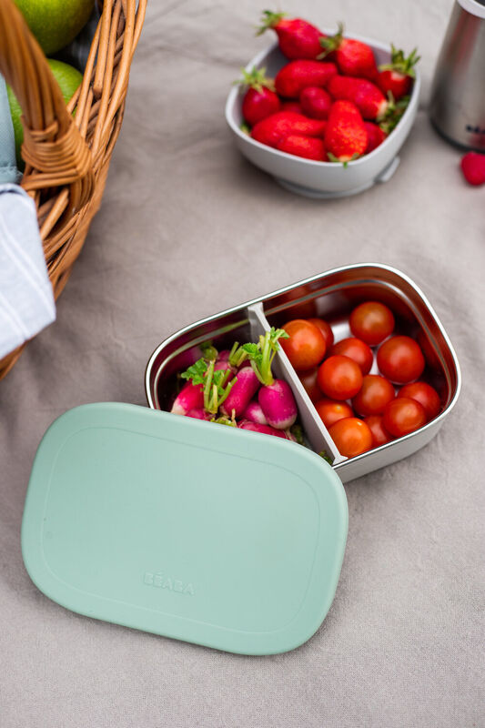 Beaba Stainless Steel Lunch Box with Silicone Lid, Removable Silicone Dividers Make 1-3 Compartments - Velvet Grey/ Sage Green