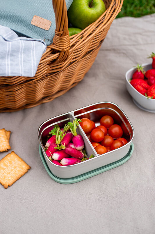 Beaba Stainless Steel Lunch Box with Silicone Lid, Removable Silicone Dividers Make 1-3 Compartments - Velvet Grey/ Sage Green
