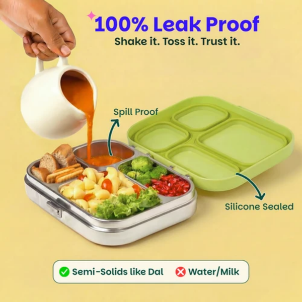 Basil 4 Compartment Stainless steel Lunchbox with Plastic lid - Mushroom Trail
