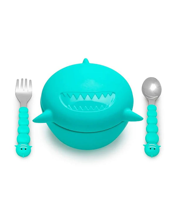 Melii Silicone Bowl With Lid, Spoon & Fork, Airtight & Leakproof Lid - Shark