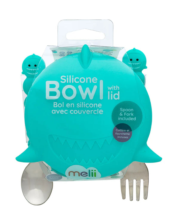 Melii Silicone Bowl With Lid, Spoon & Fork, Airtight & Leakproof Lid - Shark