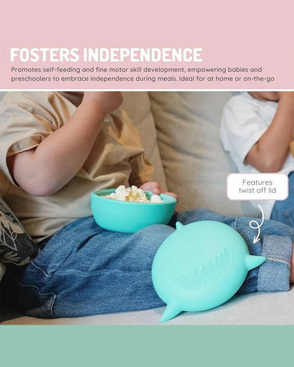 Melii Silicone Bowl With Lid, Spoon & Fork, Airtight & Leakproof Lid - Shark