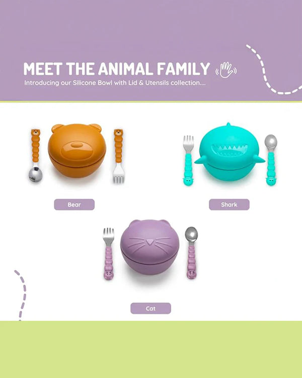 Melii Silicone Bowl With Lid, Spoon & Fork, Airtight & Leakproof Lid - Shark