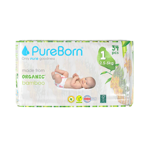 Pureborn Organic Bamboo Diapers Assorted Print Size 1 (Upto 5 Kg) - 34 Count