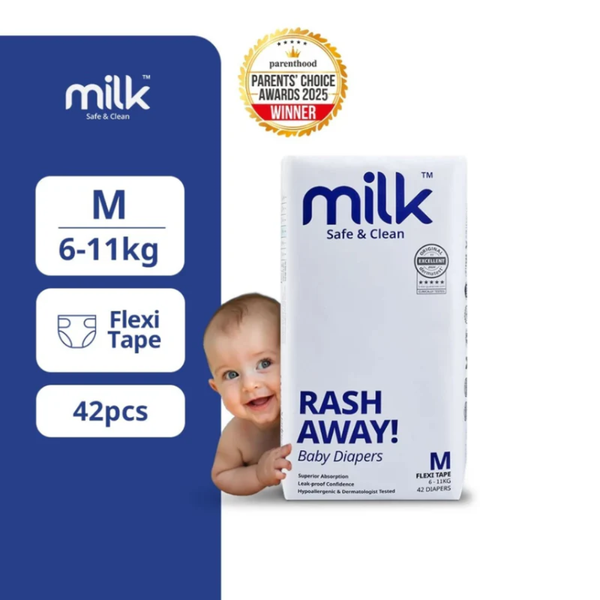 Milk Baby Diaper Flexi Tape , Size M - 42 Pcs, 6 To 11 KG - Dezine Kids
