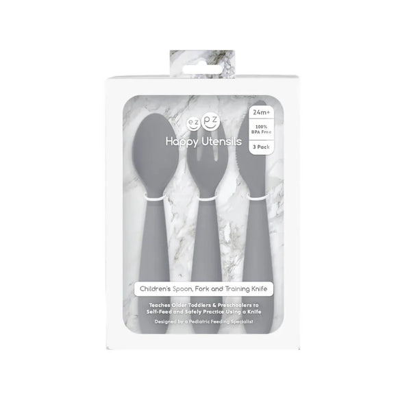 Happy Utensils for Toddlers(Spoon, Fork & Knife) - Grey - Dezine Kids