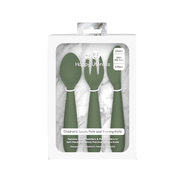 Happy Utensils for Toddlers(Spoon, Fork & Knife) - Olive - Dezine Kids