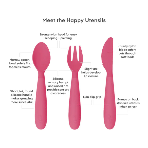 Happy Utensils for Toddlers(Spoon, Fork & Knife) - Pink
