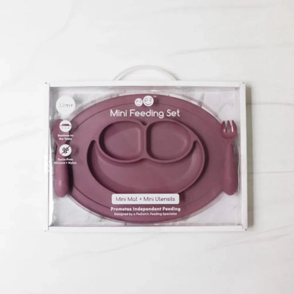 EzPz Mini Feeding Set for Toddlers (Mat, Spoon & Fork)- Mauve