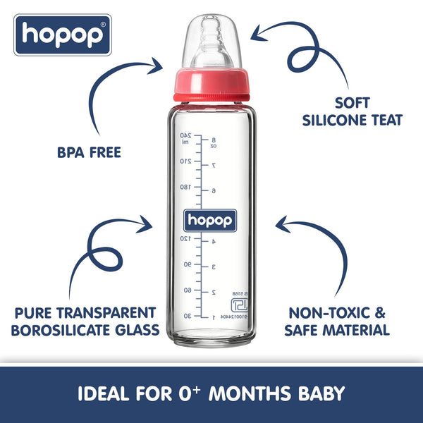 Hopop Premium Slim Neck Glass Feeding Bottle, BPA-Free - 250ml - Dezine Kids