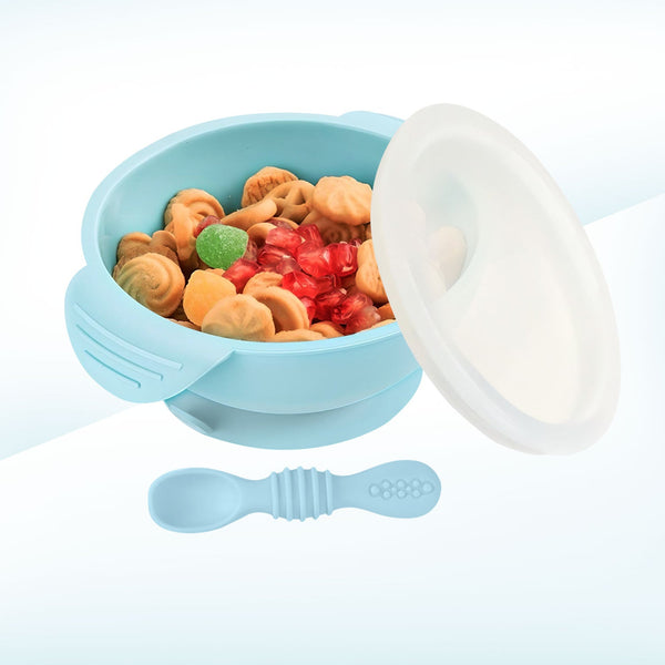 Hopop Silicone Bowl & Spoon with Suction Base & Snap on Lid - Dezine Kids