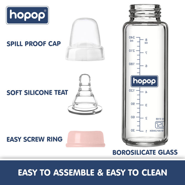 Hopop Premium Slim Neck Glass Feeding Bottle, BPA-Free - 250ml - Dezine Kids