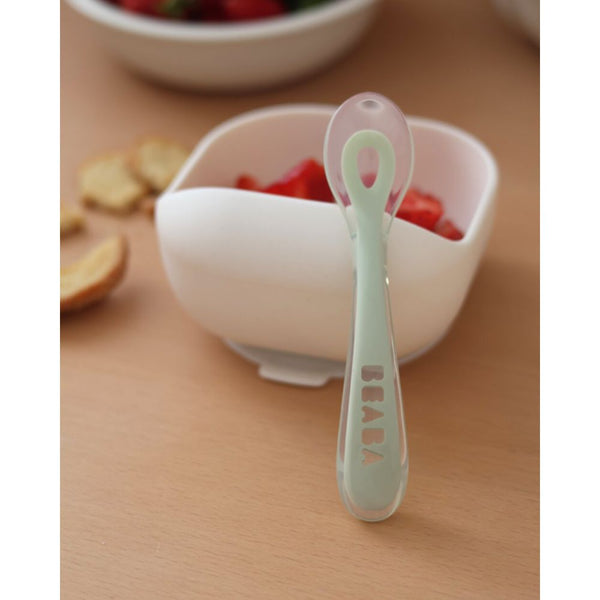 Beaba 2nd Stage Silicone Spoon with Ultra Soft Tip, Gum Friendly, Ergonomic Handles - Misty Green - Dezine Kids