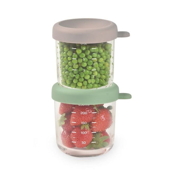 Beaba Glass Storage Container, Airtight Jar with Graduation Measuring Scale, 250ml, Set of 2 - Sage Green & Gazelle - Dezine Kids