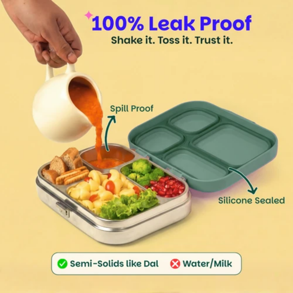 Basil 4 Compartment Stainless steel Lunchbox with Plastic lid - Emerald Moss