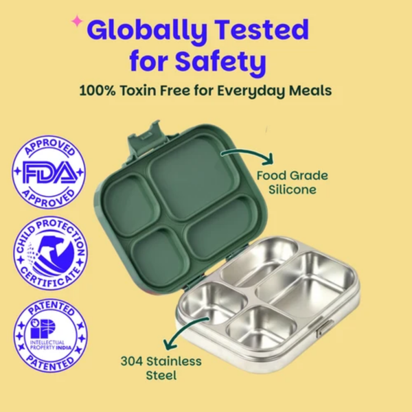 Basil 4 Compartment Stainless steel Lunchbox with Plastic lid - Emerald Moss