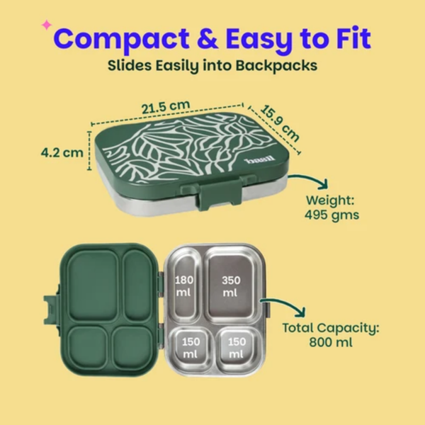 Basil 4 Compartment Stainless steel Lunchbox with Plastic lid - Emerald Moss