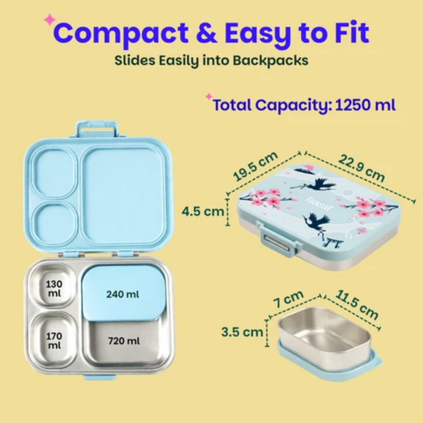 Basil 3+1 Compartment Stainless steel Lunchbox with Mini Box - Sakura Bloom