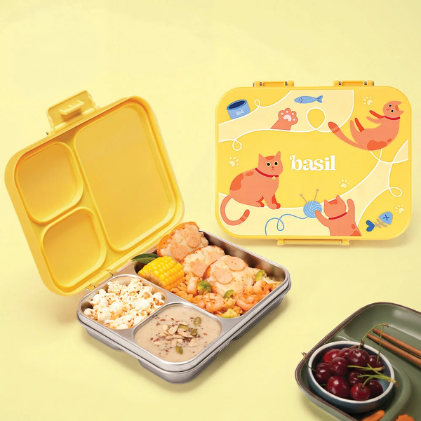 Basil 3 Compartment Stainless Steel Lunchbox with Plastic Lid - Kitty Party