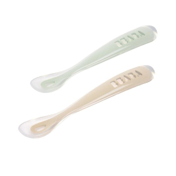 Beaba 1st Stage Silicone Spoon with Ultra Soft Tip, Gum Friendly, Ergonomic Handles, Set of 2 - Clay/Misty Green - Dezine Kids