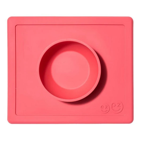 EzPz Happy Bowl 100% Food Grade Silicone Suction Bowl with Built In Placemat - Coral