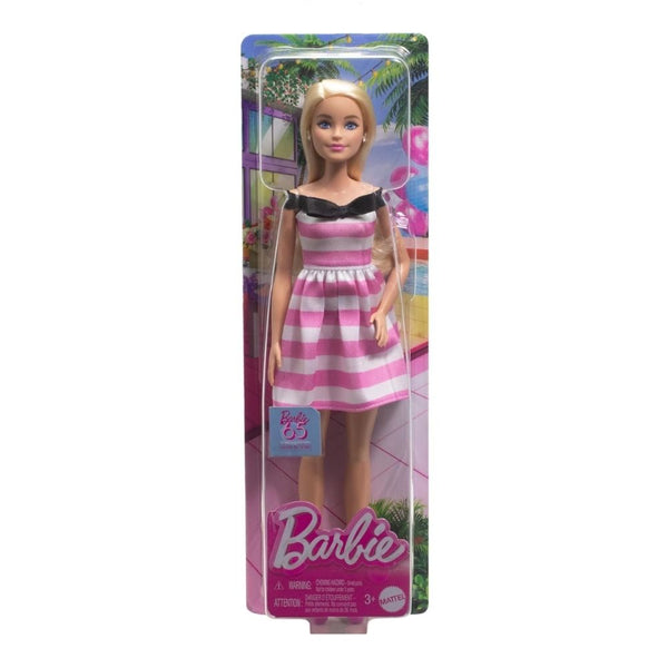 Barbie 65th Anniversary Doll with Blonde Hair, Striped Dress & Heels