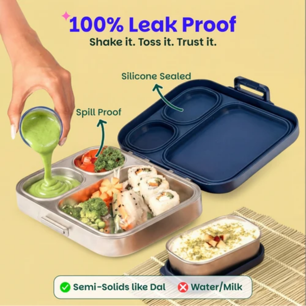 Basil 3+1 Compartment Stainless steel Lunchbox with Mini Box - Midnight Sora