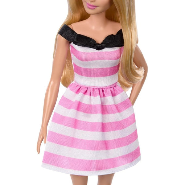 Barbie 65th Anniversary Doll with Blonde Hair, Striped Dress & Heels