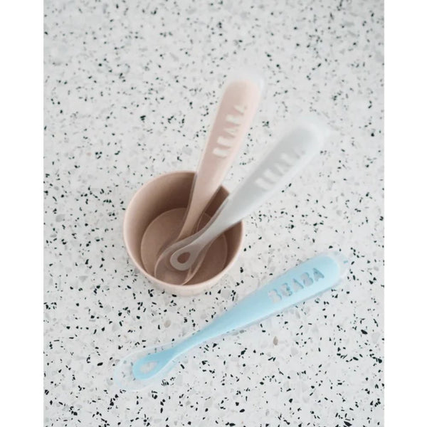 Beaba 1st Stage Silicone Spoon with Ultra Soft Tip, Gum Friendly, Ergonomic Handles, Set of 2 - Clay/Misty Green - Dezine Kids