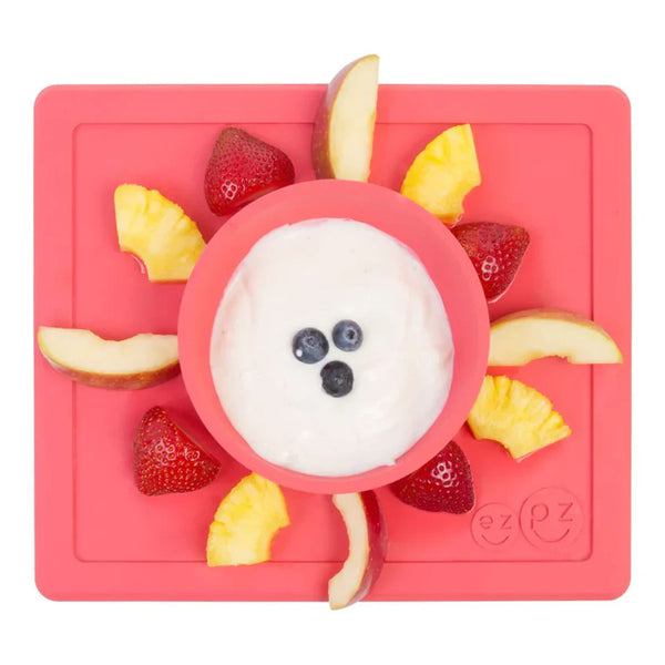 EzPz Happy Bowl 100% Food Grade Silicone Suction Bowl with Built In Placemat - Coral
