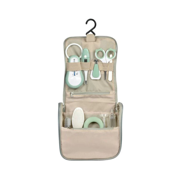Beaba Grooming Kit, Hanging Toiletry Pouch with 9 Accessories - Sage Green