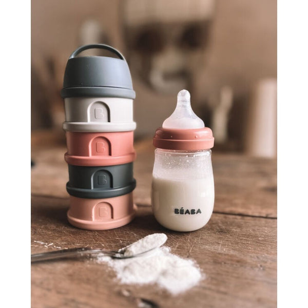 Beaba Stacked Formula Container, Airtight Multifunctional Storage Container, 4 Interchangeable Compartments, Microwave Safe - Pink/Mineral Grey - Dezine Kids