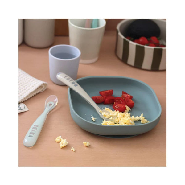 Beaba 1st Stage Silicone Spoon with Ultra Soft Tip, Gum Friendly, Ergonomic Handles, Set of 2 - Clay/Misty Green - Dezine Kids