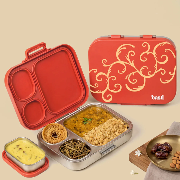 Basil 3+1 Compartment Stainless steel Lunchbox with Mini Box - Jaipuri Jaali