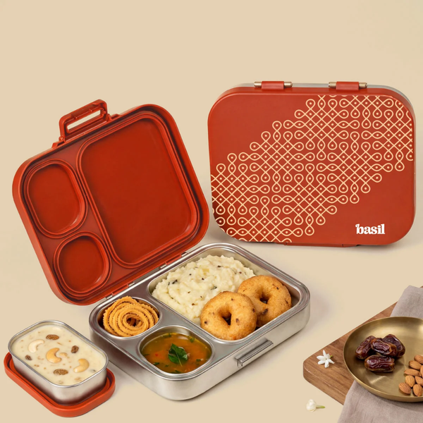 Basil 3+1 Compartment Stainless steel Lunchbox with Mini Box - Tanjore Kolam