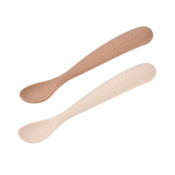 Beaba 1st Stage Silicone Spoon with Ultra Soft Tip, Gum Friendly, Ergonomic Handles, Set of 2 - Clay/Praline - Dezine Kids