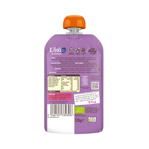 Ellas Kitchen Baby Puree Pouch, 4+ months 120g - Apples, Sweet Potatoes, Pumpkins, & Blueberries - Dezine Kids