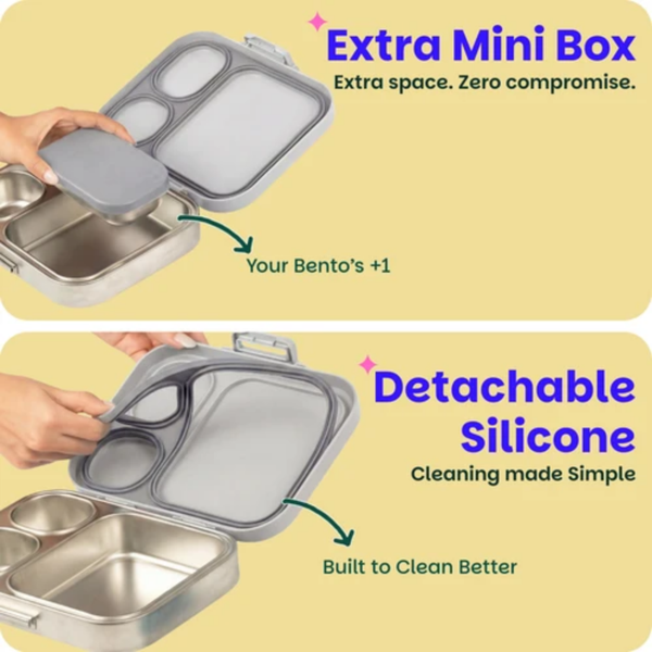 Basil 3+1 Compartment Stainless steel Lunchbox with Mini Box - Classic Grey