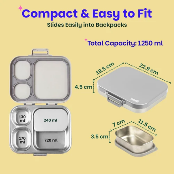 Basil 3+1 Compartment Stainless steel Lunchbox with Mini Box - Classic Grey