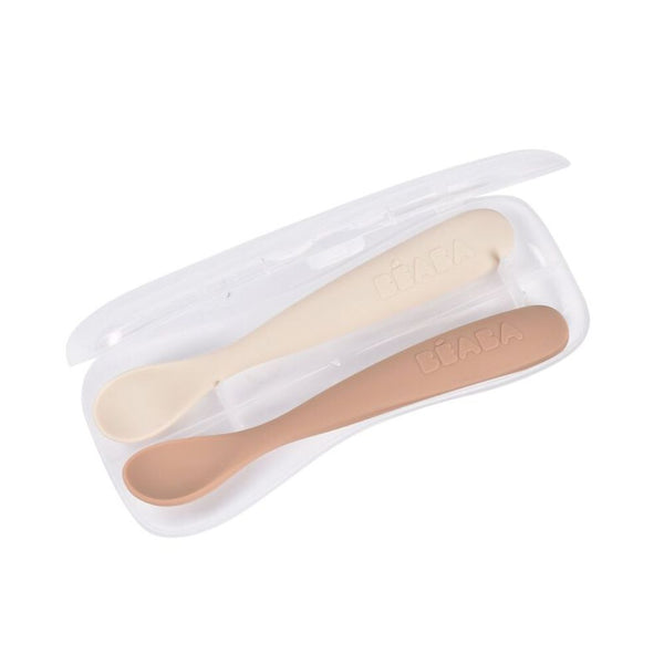 Beaba 1st Stage Silicone Spoon with Ultra Soft Tip, Gum Friendly, Ergonomic Handles, Set of 2 - Clay/Praline - Dezine Kids