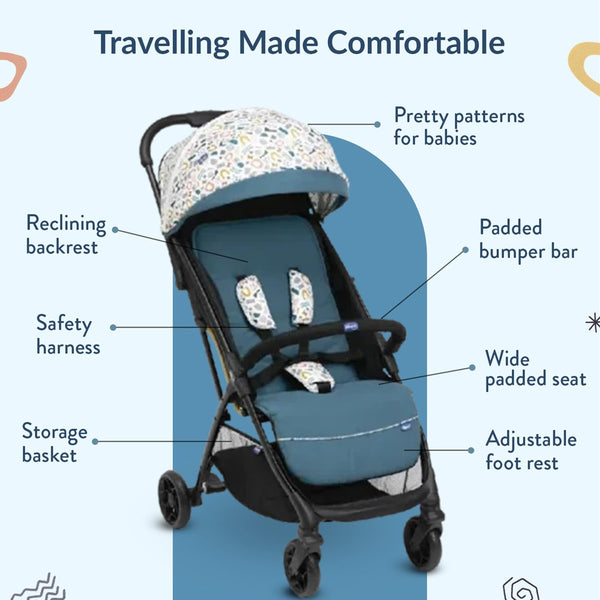 Chicco Glee Lightweight Baby Stroller with Multiple Recline Positions Pram for 0 to 4Y (Upto 22 Kg)- Joyful Teal