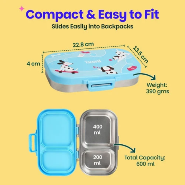 Basil 2 Compartment Stainless Steel Lunchbox with Plastic Lid - Wiggly Woof