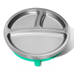 Avanchy Baby Stainless Steel Round Divided Plate with Silicone Suction Base - Green